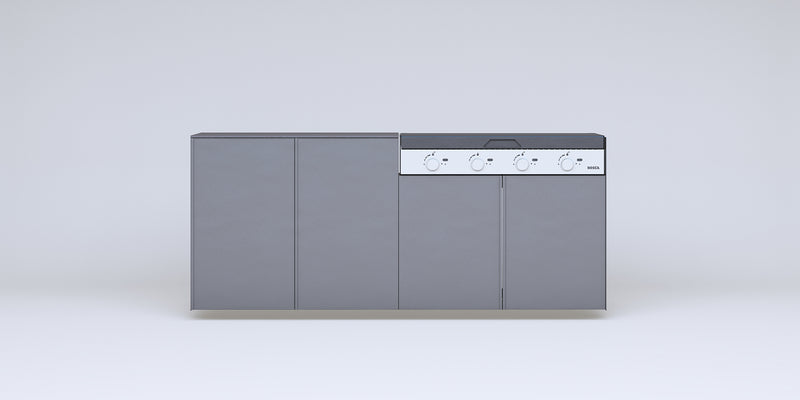 Quincho modular de acero · Parrilla a gas Bosca Block 1000 (4 quemadores) + 2 módulos de guardado — FLAMER