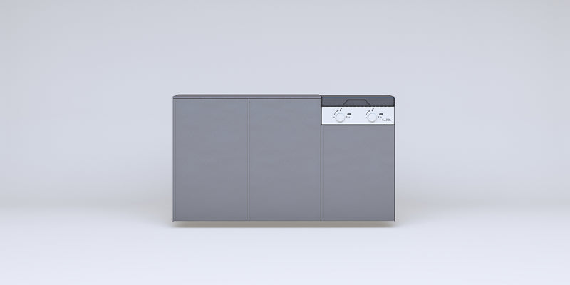 Quincho modular de acero · Parrilla a gas Bosca Block 500 (2 quemadores) + 2 módulos de guardado — FLAMER