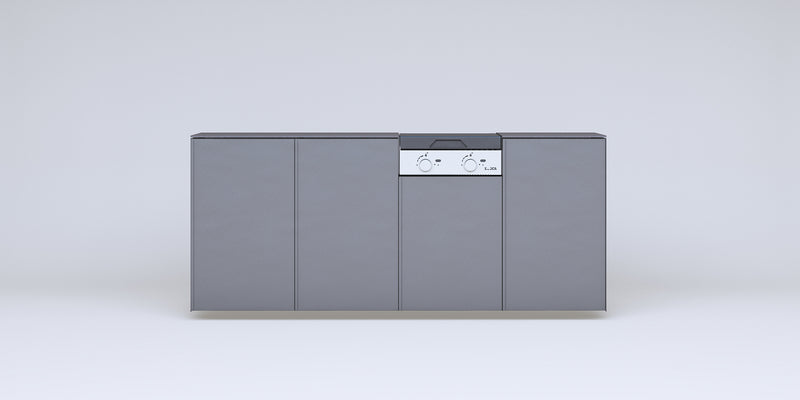 Quincho modular de acero · Parrilla a gas Bosca Block 500 (2 quemadores) + 3 módulos de guardado — FLAMER