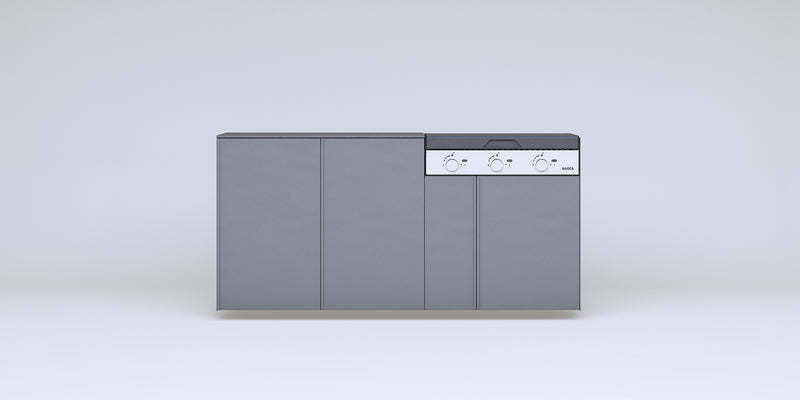 Quincho modular de acero · Parrilla a gas Bosca Block 750 (3 quemadores) + 2 módulos de guardado — FLAMER