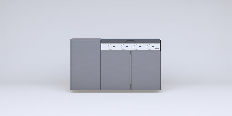 Quincho modular de acero · Parrilla a gas Bosca Block 1000 (4 quemadores) + 1 módulo de guardado — FLAMER