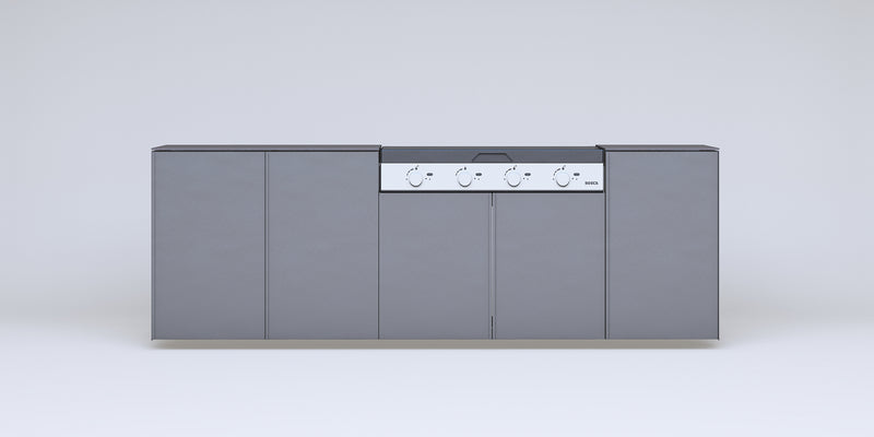 Quincho modular de acero · Parrilla a gas Bosca Block 1000 (4 quemadores) + 1 módulo de guardado — FLAMER