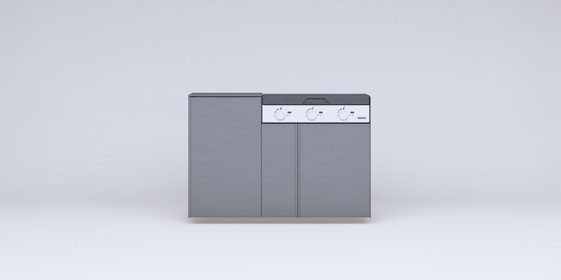 Quincho modular de acero · Parrilla a gas Bosca Block 750 (3 quemadores) + 1 módulo de guardado — FLAMER