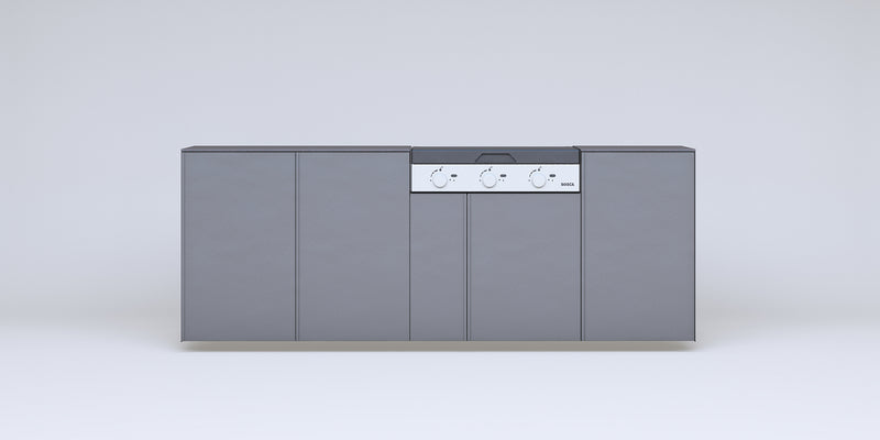 Quincho modular de acero · Parrilla a gas Bosca Block 750 (3 quemadores) + 3 módulo de guardado — FLAMER